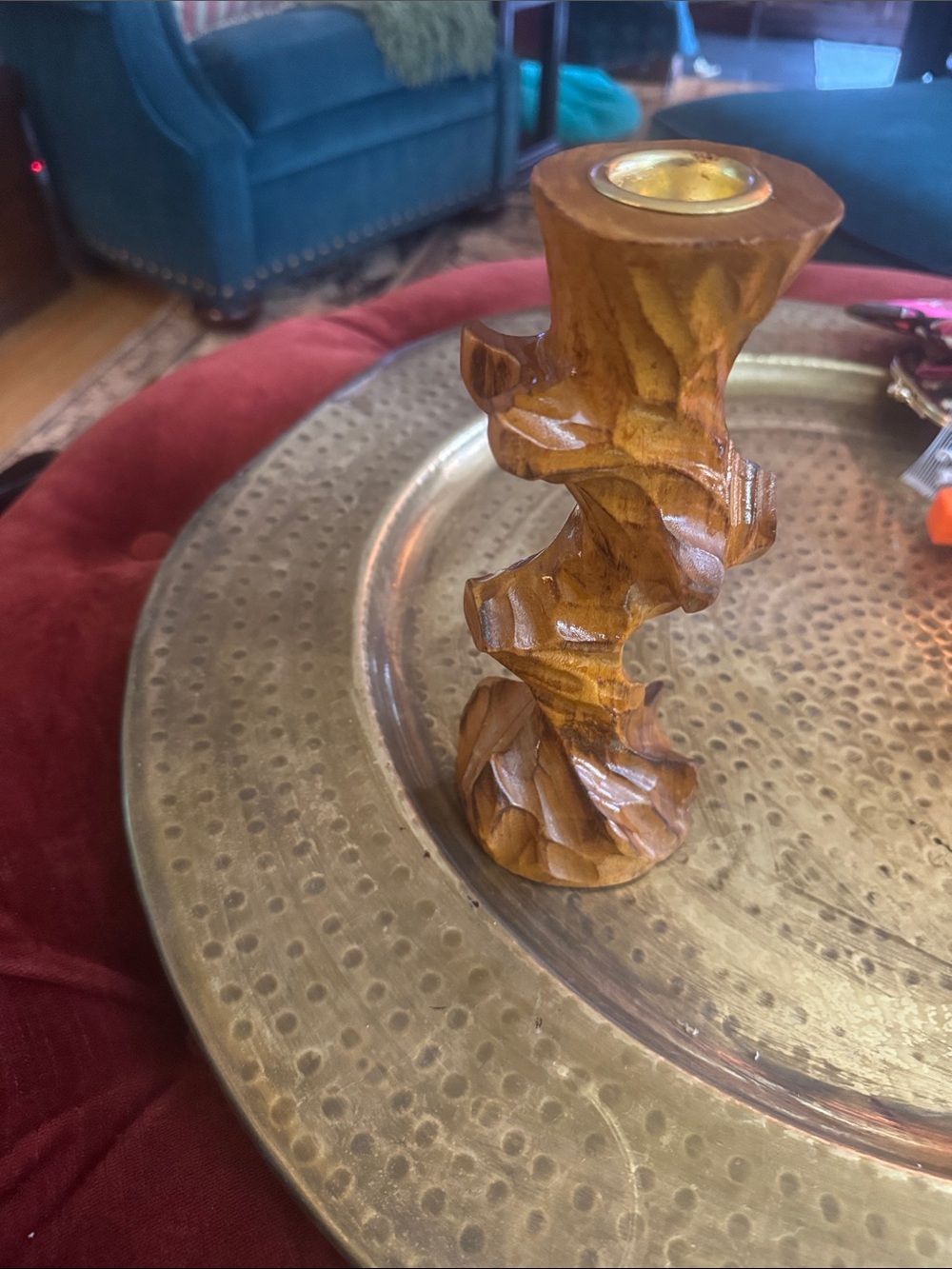 Hand Crafted Sculpted Wooden Candle Holder in Warm Brown